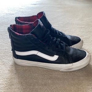 Vans black leather red flannel high tops